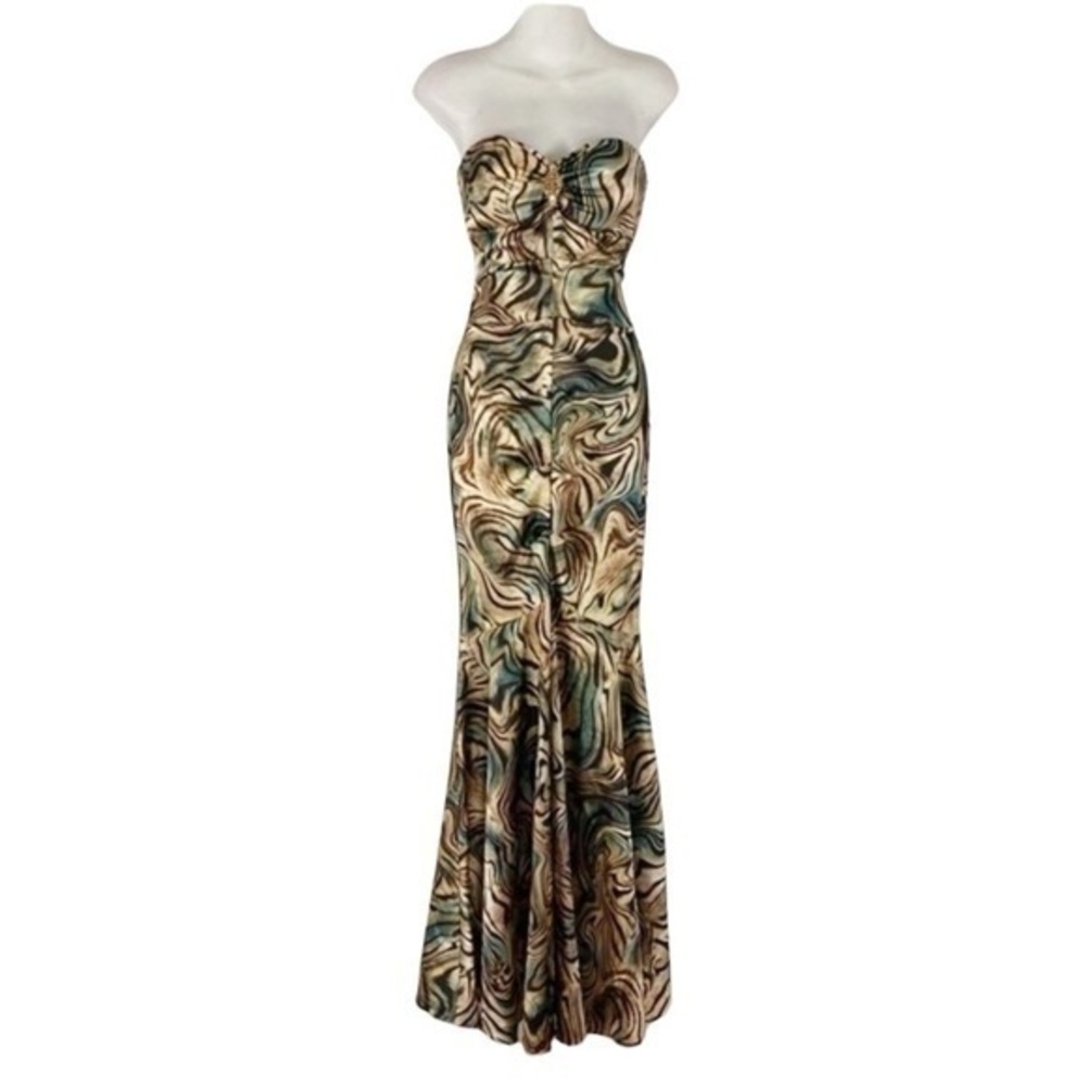 Xscape abstract print strapless mermaid maxi dress HH18